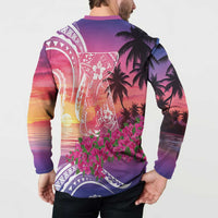 Guam Latte Stone with Map Button Sweatshirt Bougainvillea Beach Sunset