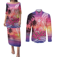 Guam Latte Stone with Map Couples Matching Puletasi and Long Sleeve Button Shirt Bougainvillea Beach Sunset
