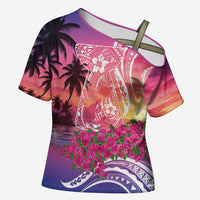 Guam Latte Stone with Map Cross Shoulder Shirt Bougainvillea Beach Sunset - Polynesian Pride