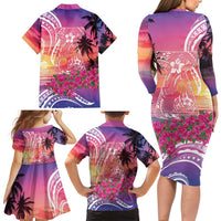 Guam Latte Stone with Map Family Matching Long Sleeve Bodycon Dress and Hawaiian Shirt Bougainvillea Beach Sunset