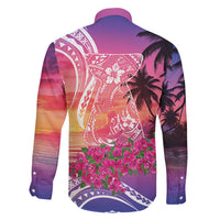 Guam Latte Stone with Map Family Matching Long Sleeve Bodycon Dress and Hawaiian Shirt Bougainvillea Beach Sunset