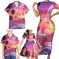 Guam Latte Stone with Map Family Matching Short Sleeve Bodycon Dress and Hawaiian Shirt Bougainvillea Beach Sunset