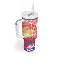 Guam Latte Stone with Map Tumbler With Handle Bougainvillea Beach Sunset