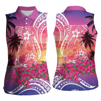 Guam Latte Stone with Map Women Sleeveless Polo Shirt Bougainvillea Beach Sunset