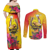 Papua New Guinea Cultural Tropical Flowers Couples Matching Off Shoulder Maxi Dress and Long Sleeve Button Shirt