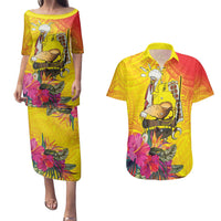 Papua New Guinea Cultural Tropical Flowers Couples Matching Puletasi and Hawaiian Shirt