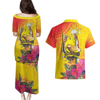 Papua New Guinea Cultural Tropical Flowers Couples Matching Puletasi and Hawaiian Shirt