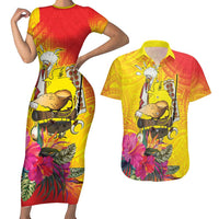 Papua New Guinea Cultural Tropical Flowers Couples Matching Short Sleeve Bodycon Dress and Hawaiian Shirt