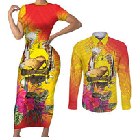 Papua New Guinea Cultural Tropical Flowers Couples Matching Short Sleeve Bodycon Dress and Long Sleeve Button Shirt