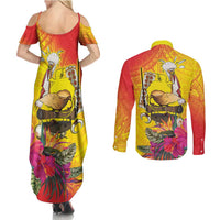 Papua New Guinea Cultural Tropical Flowers Couples Matching Summer Maxi Dress and Long Sleeve Button Shirt