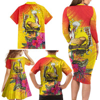 Papua New Guinea Cultural Tropical Flowers Family Matching Long Sleeve Bodycon Dress and Hawaiian Shirt