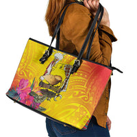 Papua New Guinea Cultural Tropical Flowers Leather Tote Bag