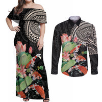 Personalized Japanese Koi Fish Couples Matching Off Shoulder Maxi Dress and Long Sleeve Button Shirt with Polynesian Pattern LT9 Black - Polynesian Pride