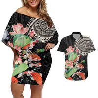 Personalized Japanese Koi Fish Couples Matching Off Shoulder Short Dress and Hawaiian Shirt with Polynesian Pattern LT9 Black - Polynesian Pride