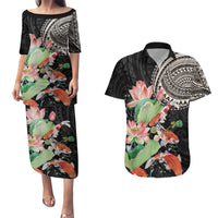 Personalized Japanese Koi Fish Couples Matching Puletasi and Hawaiian Shirt with Polynesian Pattern LT9 Black - Polynesian Pride