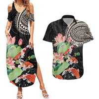 Personalized Japanese Koi Fish Couples Matching Summer Maxi Dress and Hawaiian Shirt with Polynesian Pattern LT9 Black - Polynesian Pride