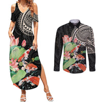 Personalized Japanese Koi Fish Couples Matching Summer Maxi Dress and Long Sleeve Button Shirt with Polynesian Pattern LT9 Black - Polynesian Pride