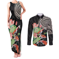 Personalized Japanese Koi Fish Couples Matching Tank Maxi Dress and Long Sleeve Button Shirt with Polynesian Pattern