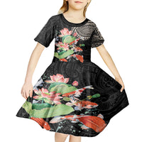 Personalized Japanese Koi Fish Kid Short Sleeve Dress with Polynesian Pattern
