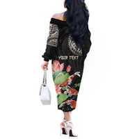 Personalized Japanese Koi Fish Off The Shoulder Long Sleeve Dress with Polynesian Pattern