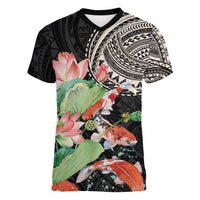 Personalized Japanese Koi Fish Women V-Neck T-Shirt with Polynesian Pattern
