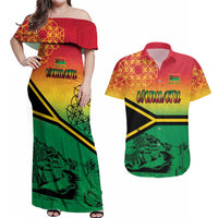 Hapi 45th Indipendens Dei Vanuatu Couples Matching Off Shoulder Maxi Dress and Hawaiian Shirt Yumi 1980 with Vanuatuan Beach Landscape