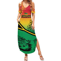 Hapi 45th Indipendens Dei Vanuatu Family Matching Summer Maxi Dress and Hawaiian Shirt Yumi 1980 with Vanuatuan Beach Landscape LT9 Mom's Dress Red - Polynesian Pride