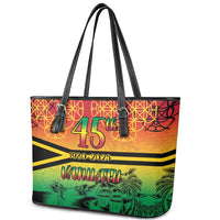 Hapi 45th Indipendens Dei Vanuatu Leather Tote Bag Yumi 1980 with Vanuatuan Beach Landscape