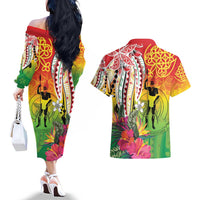 Vanuatu 45th Anniversary Couples Matching Off The Shoulder Long Sleeve Dress and Hawaiian Shirt Polynesian with Sand Drawing Pattern