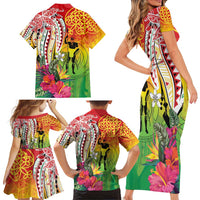Vanuatu 45th Anniversary Family Matching Short Sleeve Bodycon Dress and Hawaiian Shirt Polynesian with Sand Drawing Pattern