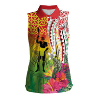 Vanuatu 45th Anniversary Women Sleeveless Polo Shirt Polynesian with Sand Drawing Pattern LT9 Female Red - Polynesian Pride