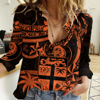 Fiji Islands Women Casual Shirt Coat of Arms Fijian Flower Polynesian Pattern - Orange LT9 Female Orange - Polynesian Pride