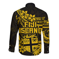 Fiji Islands Long Sleeve Button Shirt Coat of Arms Fijian Flower Polynesian Pattern - Yellow LT9 - Polynesian Pride