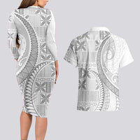 Niue White Sunday Couples Matching Long Sleeve Bodycon Dress and Hawaiian Shirt Niuean Lotu Tamaiti Hiapo Pattern - Polynesian Pride
