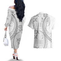 Niue White Sunday Couples Matching Off The Shoulder Long Sleeve Dress and Hawaiian Shirt Niuean Lotu Tamaiti Hiapo Pattern - Polynesian Pride