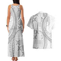 Niue White Sunday Couples Matching Tank Maxi Dress and Hawaiian Shirt Niuean Lotu Tamaiti Hiapo Pattern - Polynesian Pride