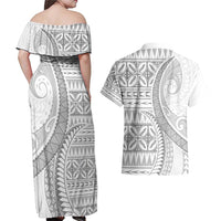 Polynesian White Sunday Couples Matching Off Shoulder Maxi Dress and Hawaiian Shirt Lotu Tamaiti Melanesian Pattern - Polynesian Pride