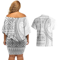 Polynesian White Sunday Couples Matching Off Shoulder Short Dress and Hawaiian Shirt Lotu Tamaiti Melanesian Pattern - Polynesian Pride