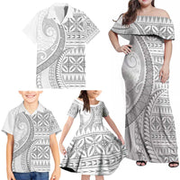 Polynesian White Sunday Family Matching Off Shoulder Maxi Dress and Hawaiian Shirt Lotu Tamaiti Melanesian Pattern - Polynesian Pride
