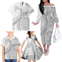 Samoa Siapo White Sunday Family Matching Off The Shoulder Long Sleeve Dress and Hawaiian Shirt Lotu Tamaiti Polynesian White Pattern - Polynesian Pride