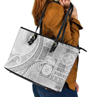 Samoa Siapo White Sunday Leather Tote Bag Lotu Tamaiti Polynesian White Pattern - Polynesian Pride