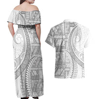Tonga White Sunday Couples Matching Off Shoulder Maxi Dress and Hawaiian Shirt Lotu Tamaiti Ngatu Tribal - Polynesian Pride