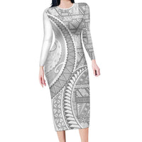 Tonga White Sunday Long Sleeve Bodycon Dress Lotu Tamaiti Ngatu Tribal - Polynesian Pride