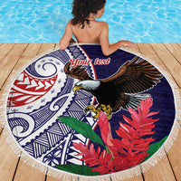 American Samoa Bald Eagle Personalized Beach Blanket Polynesian Teuila Flowers - Polynesian Pride