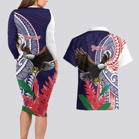 American Samoa Bald Eagle Personalized Couples Matching Long Sleeve Bodycon Dress and Hawaiian Shirt Polynesian Teuila Flowers - Polynesian Pride