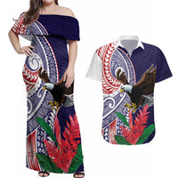 American Samoa Bald Eagle Personalized Couples Matching Off Shoulder Maxi Dress and Hawaiian Shirt Polynesian Teuila Flowers - Polynesian Pride