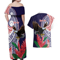 American Samoa Bald Eagle Personalized Couples Matching Off Shoulder Maxi Dress and Hawaiian Shirt Polynesian Teuila Flowers - Polynesian Pride