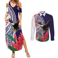 American Samoa Bald Eagle Personalized Couples Matching Summer Maxi Dress and Long Sleeve Button Shirt Polynesian Teuila Flowers - Polynesian Pride