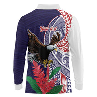 American Samoa Bald Eagle Personalized Long Sleeve Polo Shirt Polynesian Teuila Flowers - Polynesian Pride