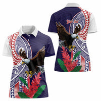 American Samoa Bald Eagle Personalized Women Polo Shirt Polynesian Teuila Flowers - Polynesian Pride